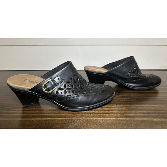Clarks Bendables Mules Clogs Black Leather Lattice Cut Outs Women's 8M - Picture 4 of 11